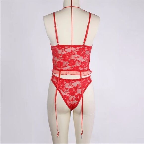 💥Large Size Red Bra Garter Belt Corset Lace  Sexy Lingerie Set - Picture 3 of 5